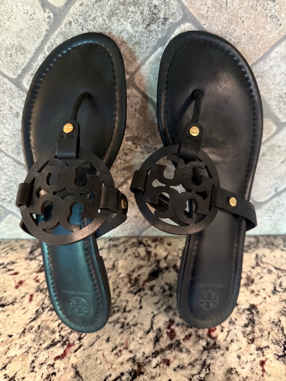 Tory Burch Black Leather Miller Logo Thong Sandals